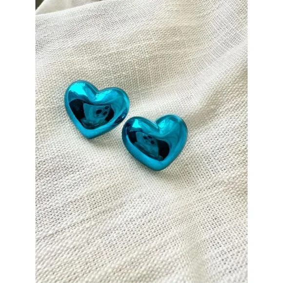 Bright blue chrome heart stud earrings  - Picture 3 of 3